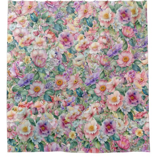 水彩花模様、フローラ背景 シャワーカーテン (正面)