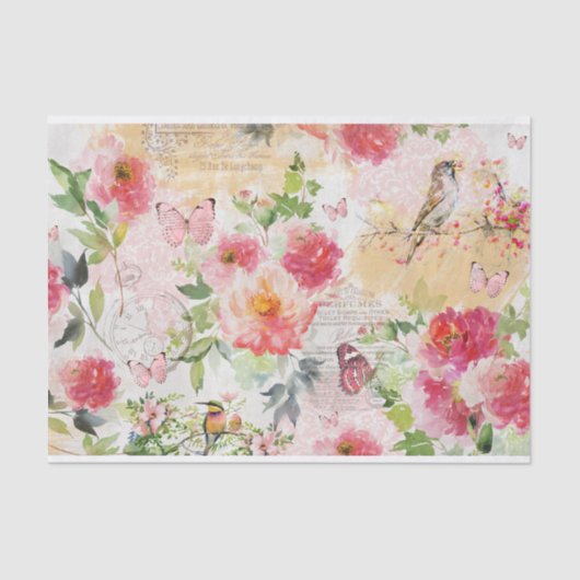 水彩花模様、鳥、蝶コラージュ 薄葉紙 (正面)