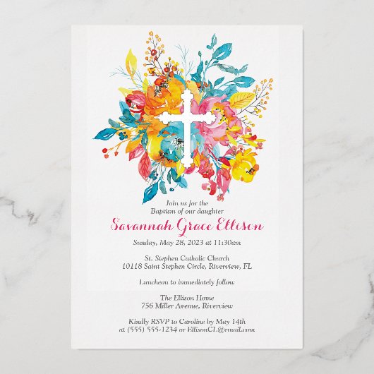 水彩花洗礼付銀箔 箔招待状 (正面)