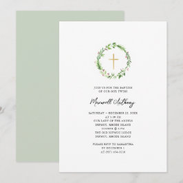 水彩花環とゴールドクロス 洗礼 招待状