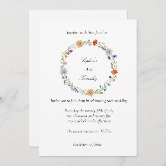 水彩花環のウェディング 招待状 (正面/裏面)