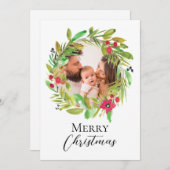 水彩花環ファミリー写真 楽しいクリスマス シーズンカード (正面/裏面)