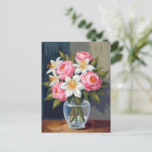 水彩花瓶のユリとバラの花束 ポストカード (スタンド正面)