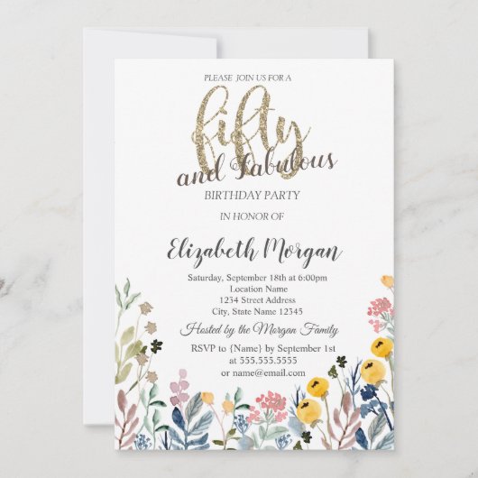 水彩花畑 50歳の誕生日 招待状 (正面)