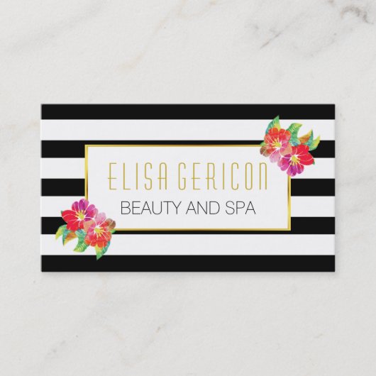 水彩花白黒ストライプフローラ 名刺 (正面)