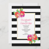 水彩花白黒ストライプ結婚ズ 招待状 (正面)