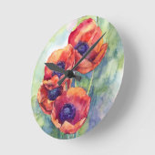 水彩花紅ケシイラストレーション ラウンド壁時計 (傾斜)