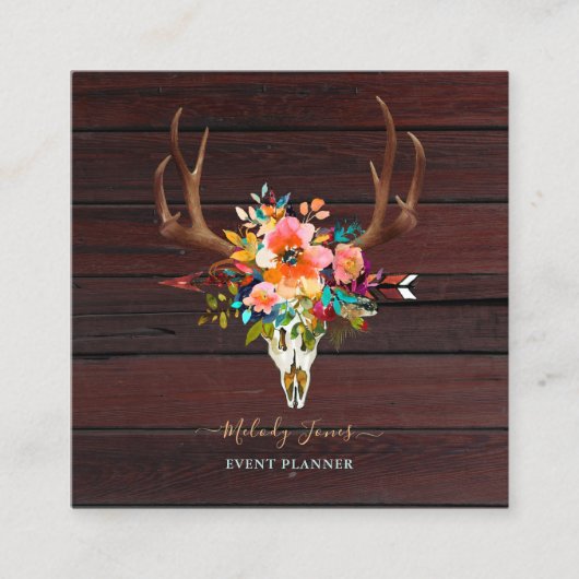 水彩花素朴房保スカル+矢印+木材 スクエア名刺 (正面)