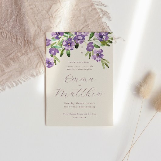 水彩花素朴紫結婚色 招待状