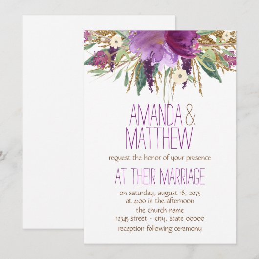 水彩花結婚の 招待状 (正面/裏面)