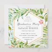水彩花緑の葉の卒業パーティー 招待状 (正面)