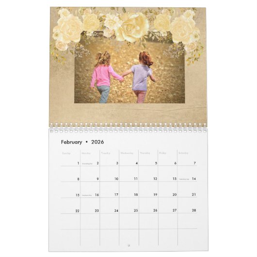 水彩花美しい家族写真 カレンダー (2月 2026)