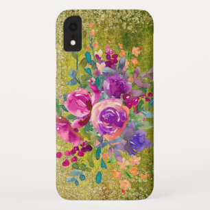 水彩花花束オン緑素朴色 iPhone XRケース