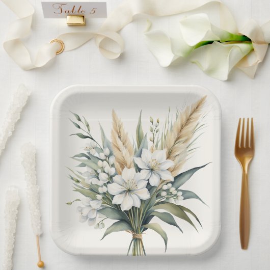 水彩花花束 ペーパープレート (ウェディング)