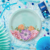 水彩花花桃紫オレンジ ペーパープレート (パーティー)