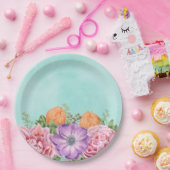 水彩花花桃紫オレンジ ペーパープレート (パーティー)