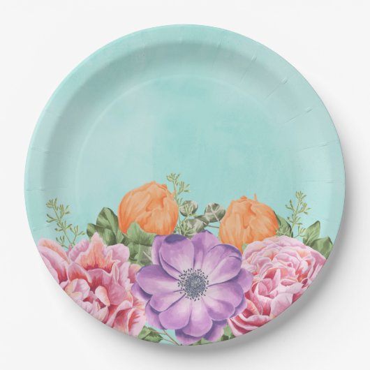 水彩花花桃紫オレンジ ペーパープレート (正面)