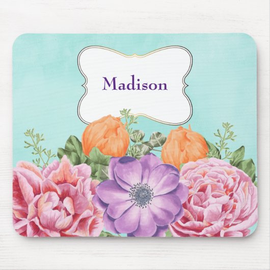 水彩花花桃紫オレンジ マウスパッド (正面)