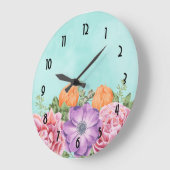 水彩花花桃紫オレンジ ラージ壁時計 (傾斜)