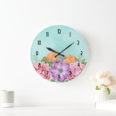 水彩花花桃紫オレンジ ラージ壁時計 (ホーム)