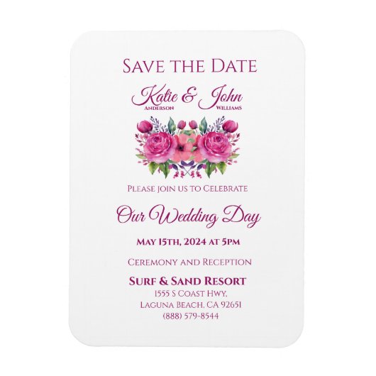 水彩花花花束結婚式の日付を保存 –  マグネット (縦)