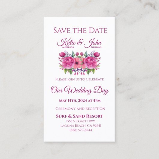 水彩花花花束結婚式の日付を保存 –  名刺 (正面)