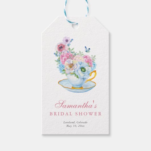 水彩花茶パーティーのブライズシャワー ギフトタグ (正面)