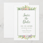 水彩花蝶のエレガントなウェディンググリーン セーブザデート (正面/裏面)