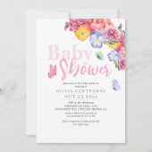 水彩花蝶の赤ちゃんガールシャワー 招待状 (正面)