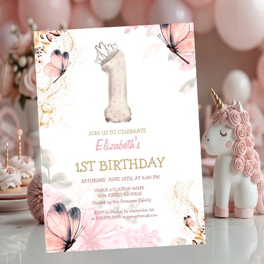 水彩花蝶条纹 1 岁生日 招待状