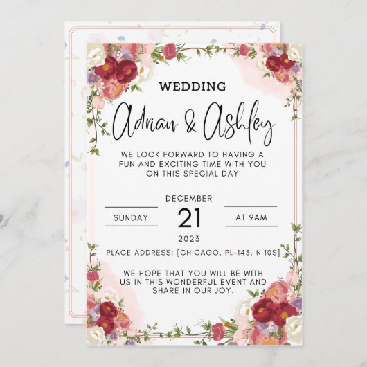 水彩花赤結婚式招待状 招待状 (正面/裏面)