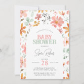 水彩花赤面ピンク&グリーンベビーシャワー 招待状 (正面)