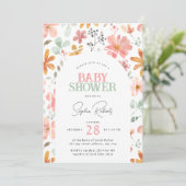 水彩花赤面ピンク&グリーンベビーシャワー 招待状 (スタンド正面)