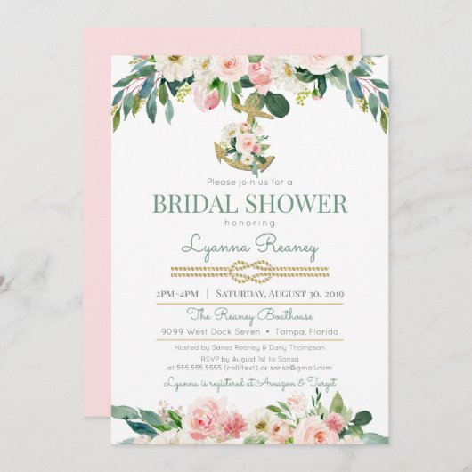 水彩花赤面航海のブライダルシャワー 招待状 (正面/裏面)