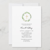 水彩花輪とゴールドクロス 洗礼 招待状 (正面)