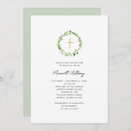 水彩花輪とゴールドクロス 洗礼 招待状 (正面/裏面)