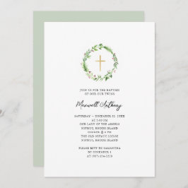 水彩花輪とゴールドクロス 洗礼 招待状