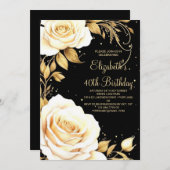 水彩花金ゴールドエレガント40歳の誕生日 招待状 (正面/裏面)