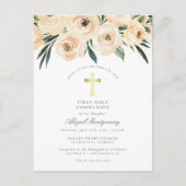 水彩花金ゴールドクロス最初の聖餐式 インビテーションポストカード (正面)