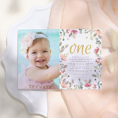 水彩花金ゴールド1つ目の誕生日写真 招待状