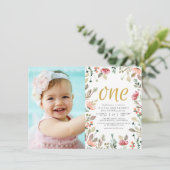 水彩花金ゴールド1つ目の誕生日写真 招待状 (スタンド正面)