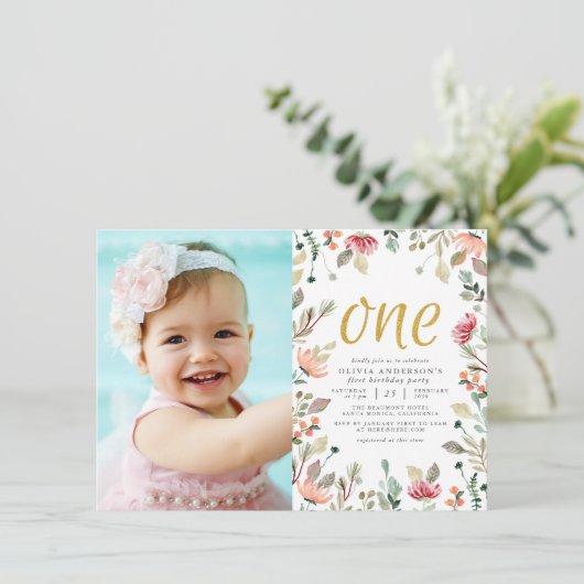 水彩花金ゴールド1つ目の誕生日写真 招待状 (スタンド正面)