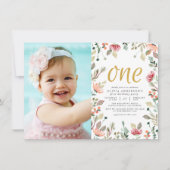 水彩花金ゴールド1つ目の誕生日写真 招待状 (正面)