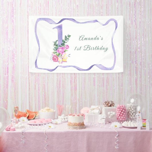 水彩花1歳の誕生日パーティー 横断幕 (パーティー)
