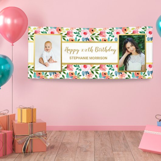 水彩花2枚フォトカスタム文字誕生日B 横断幕
