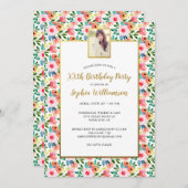 水彩花、あなたの写真、誕生日パーティー 招待状 (正面/裏面)
