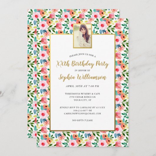 水彩花、あなたの写真、誕生日パーティー 招待状 (正面/裏面)
