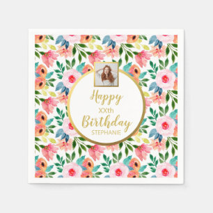 水彩花、オリジナル写真テキスト、誕生日 スタンダードカクテルナプキン