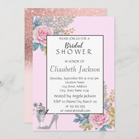 水彩花、グリッターハイヒールブライダルシャワー 招待状 (正面/裏面)