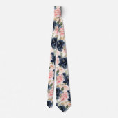 水彩花 ネイビーブルー ブラッシュピンク ローズ   ネクタイ (裏面)